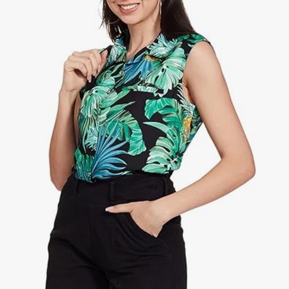 Tropical Sleeveless Button Up Collared Non-Wrinkle Tank Top Shirt - Picture 2 of 6